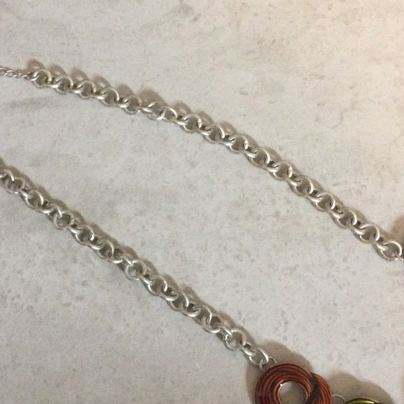 10” Silver with enamel round rust/olive swirls necklace - Picture 4 of 7